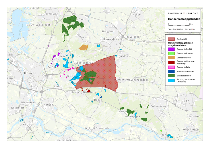 Op de kaart is te zien dat de periodieke aanlijnplicht grofweg geldt in het gebied tussen Zeist, Austerlitz, Soesterberg, Leusden, Woudenberg, Maarsbergen en Driebergen-Rijsenburg.